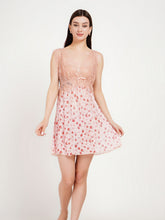 Women's Premium Blush Pink Floral Print Babydoll Nighty – Satin Deep V-Neck Lace Nightdress with Matching Thong (KSVRY)
