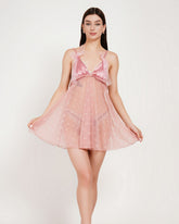 Women's Luxury Pink Lace & Sheer Tulle Babydoll Nightdress Set – Soft Satin Finish Flowy Sleepwear Dress with Embroidered Bows ( KSVRY)