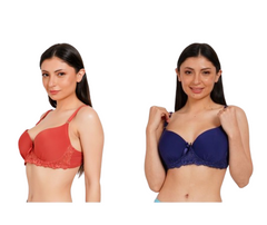 Ksvry Combo Pack of Two Women's Plain With Lace Bra Rusty and Blue Color