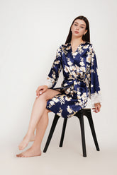 Azure Bloom Satin Wrap Robe – Luxury Floral Nightwear Kimono for Women