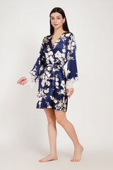Azure Bloom Satin Wrap Robe – Luxury Floral Nightwear Kimono for Women