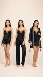 Women's Satin Robe & Pajama Set with Camisole and Shorts – 4 Piece ( ksvry)