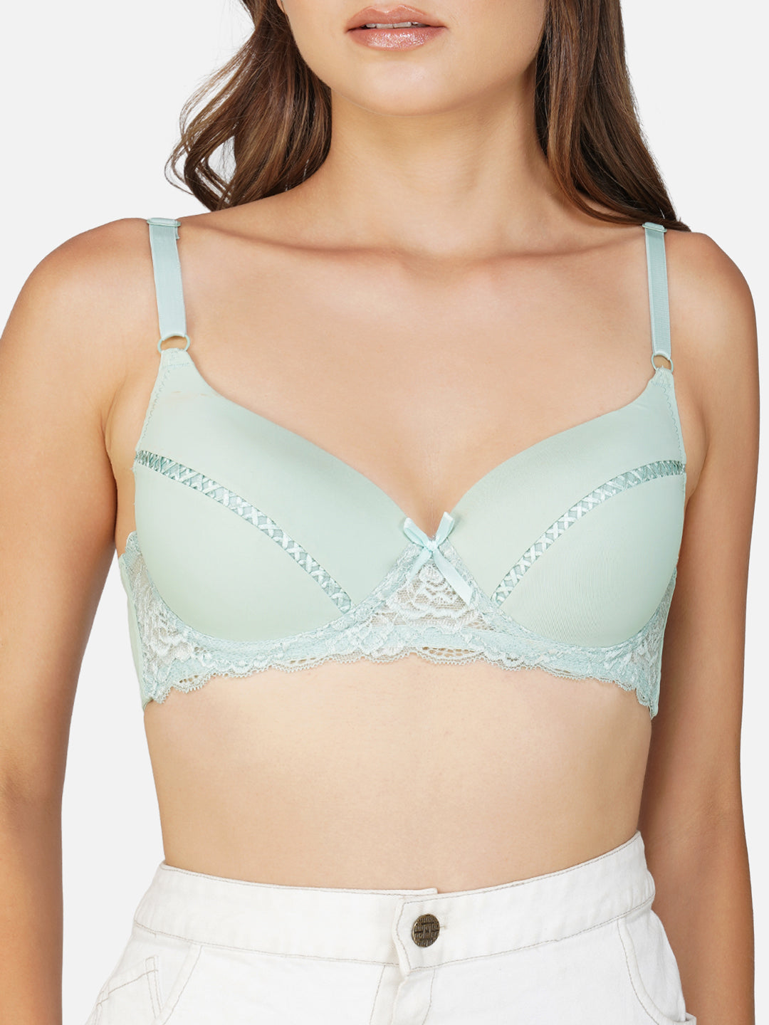 Ksvry Women's Double Padded Bra With Ring and Half Net Lace