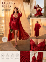 Women's Premium Ruby Red Cotton-Silk Nightwear Set –( KSVRY)