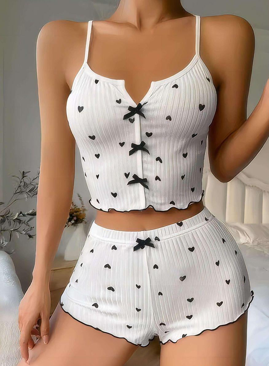 Ksvry Women's Love Print Lace Trim Cami Top and Shorts Set