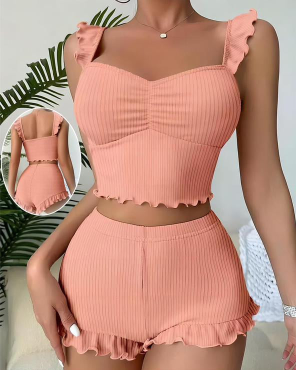 Ksvry Women's Ribbed Flying Sleeves Top and Shorts Set