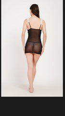 Women's Luxury Velvet Lace-Up Babydoll Nightdress Set with Faux Fur Trim and Sheer Mesh Back – Festive Black Velvet Lingerie Dress ( KSVRY)