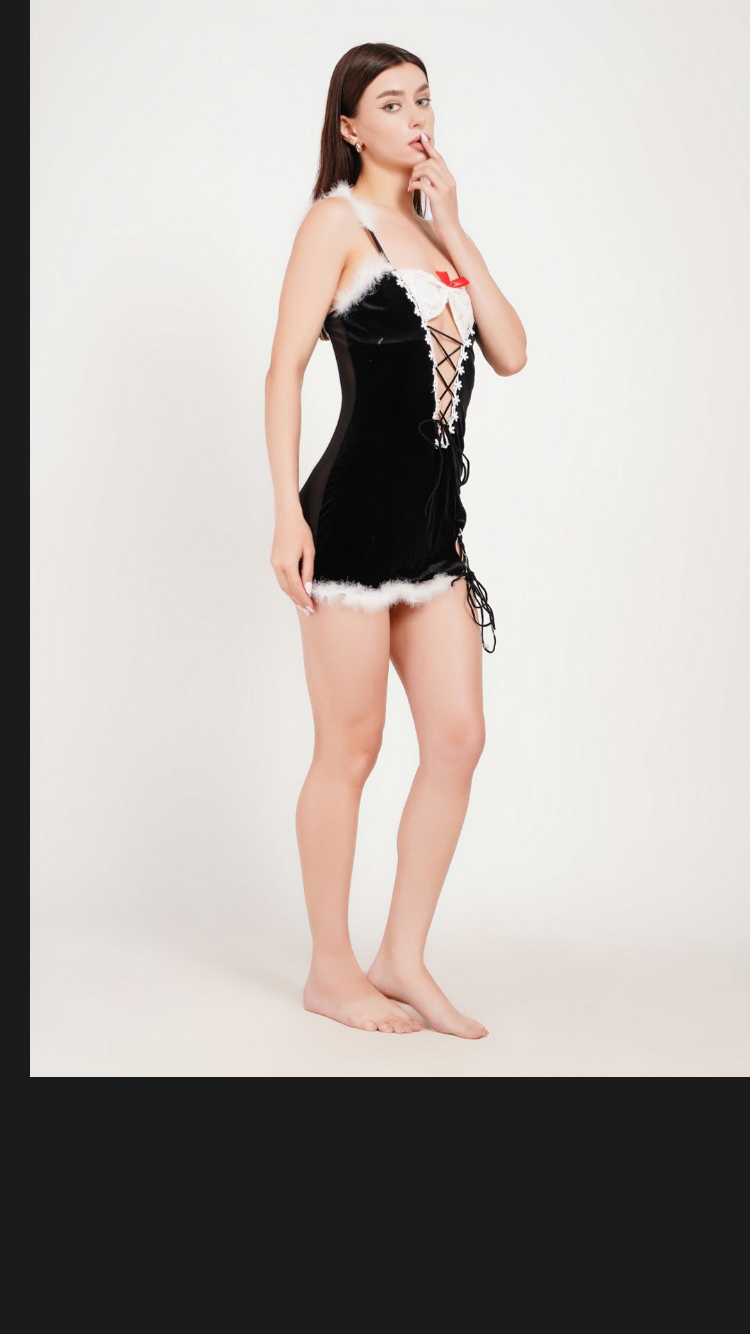 Women's Luxury Velvet Lace-Up Babydoll Nightdress Set with Faux Fur Trim and Sheer Mesh Back – Festive Black Velvet Lingerie Dress ( KSVRY)