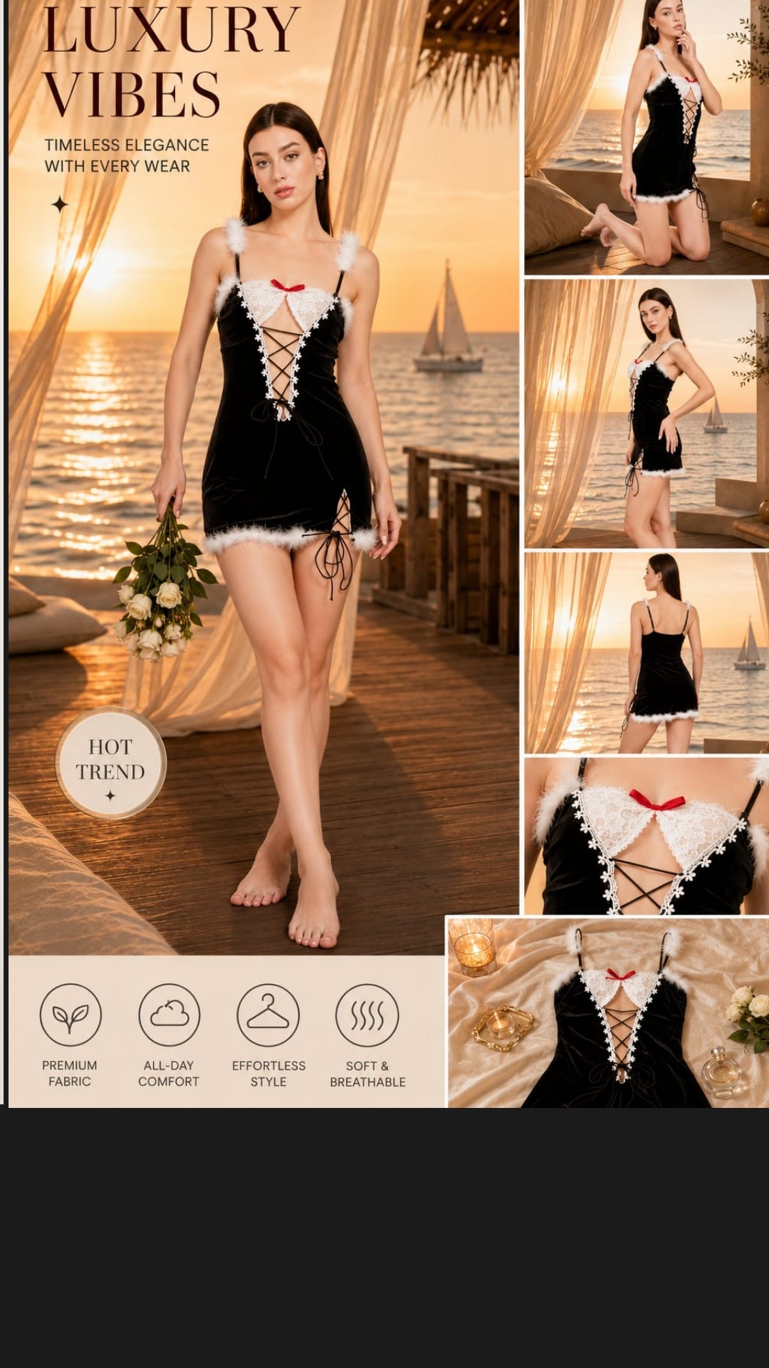 Women's Luxury Velvet Lace-Up Babydoll Nightdress Set with Faux Fur Trim and Sheer Mesh Back – Festive Black Velvet Lingerie Dress ( KSVRY)