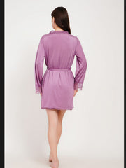 Women's Premium Purple Satin Babydoll Nighty & Robe Set ( KSVRY)