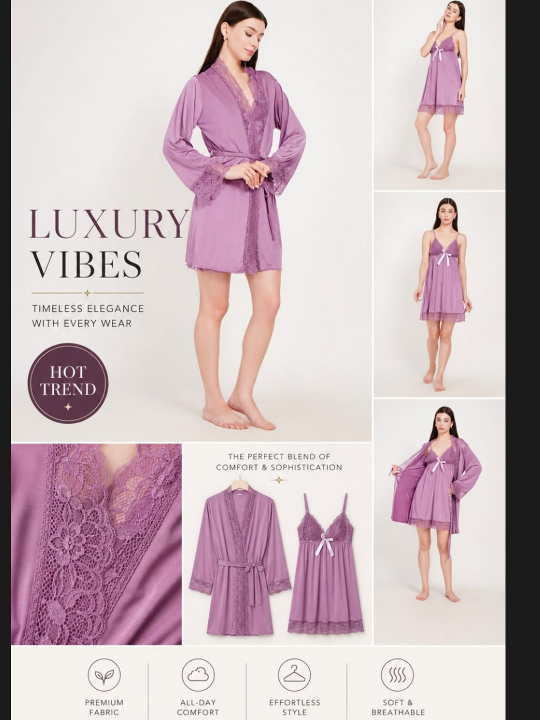 Women's Premium Purple Satin Babydoll Nighty & Robe Set ( KSVRY)