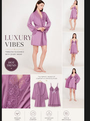 Women's Premium Purple Satin Babydoll Nighty & Robe Set ( KSVRY)