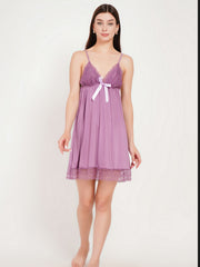 Women's Premium Purple Satin Babydoll Nighty & Robe Set ( KSVRY)