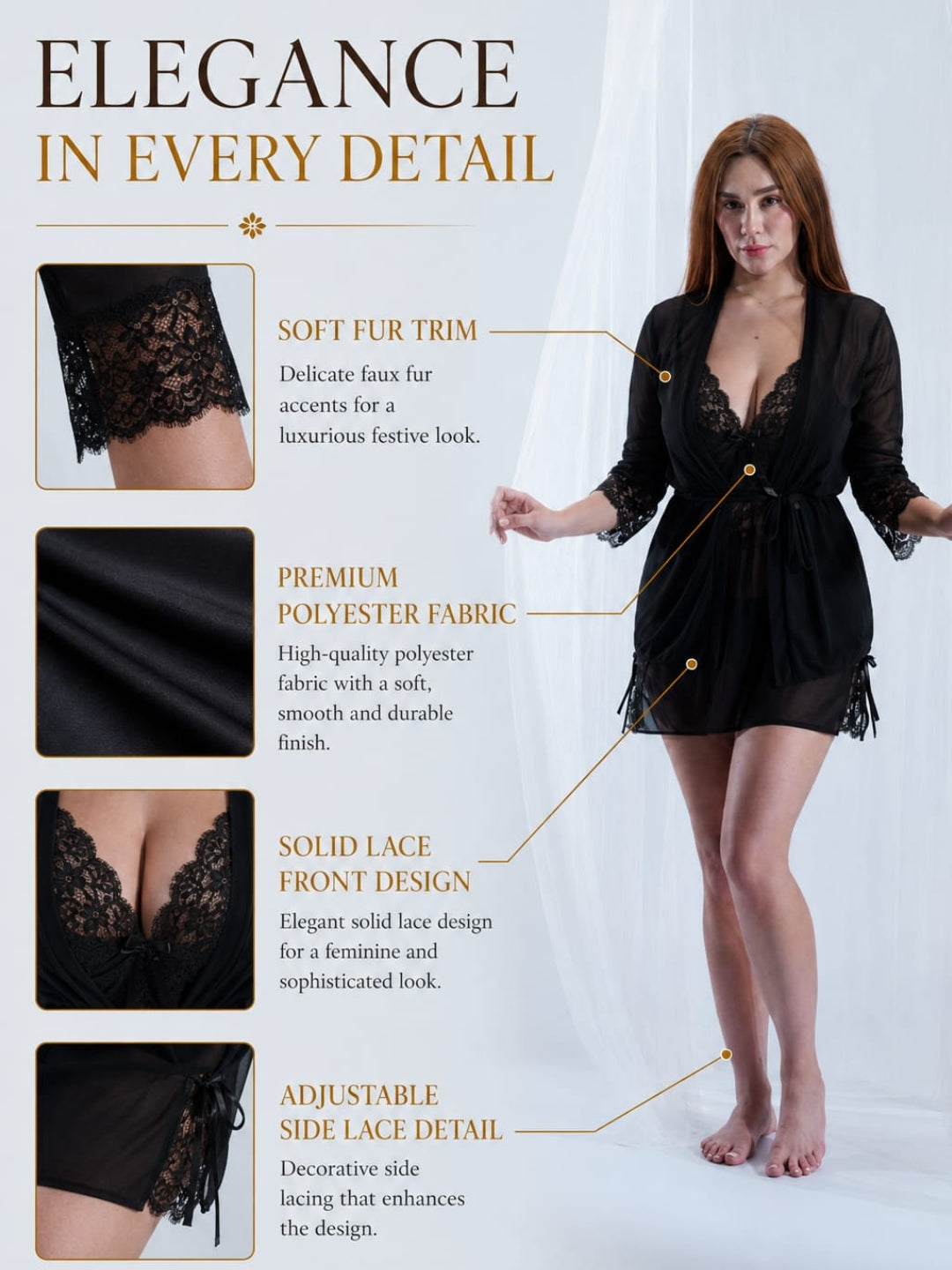 Women's Midnight Black Premium Soft Net Babydoll Nighty with Matching Robe Set – 2-Piece Sheer Floral Lace Sleepwear ( KSVRY)