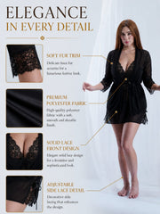 Women's Midnight Black Premium Soft Net Babydoll Nighty with Matching Robe Set – 2-Piece Sheer Floral Lace Sleepwear ( KSVRY)