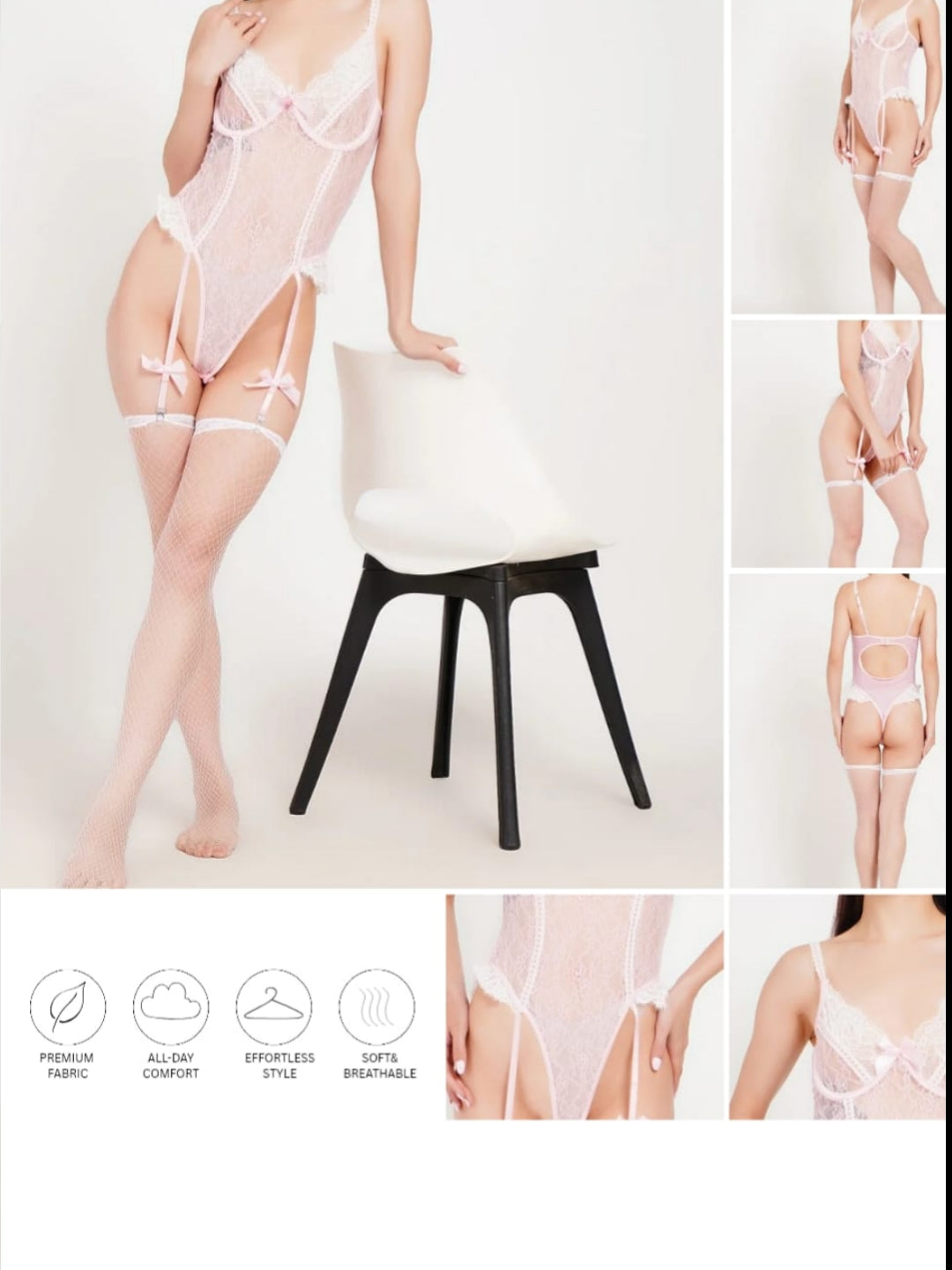 Women’s Sheer Lace Garter Bodysuit Set with Matching Thigh-High Fishnet Stockings ( KSVRY)