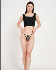 Women's Sheer Polka-Dot Mesh Thong Panty – Elegant Low-Rise G-String with Satin Bow and Pearl Accent, Black ( KSVRY)