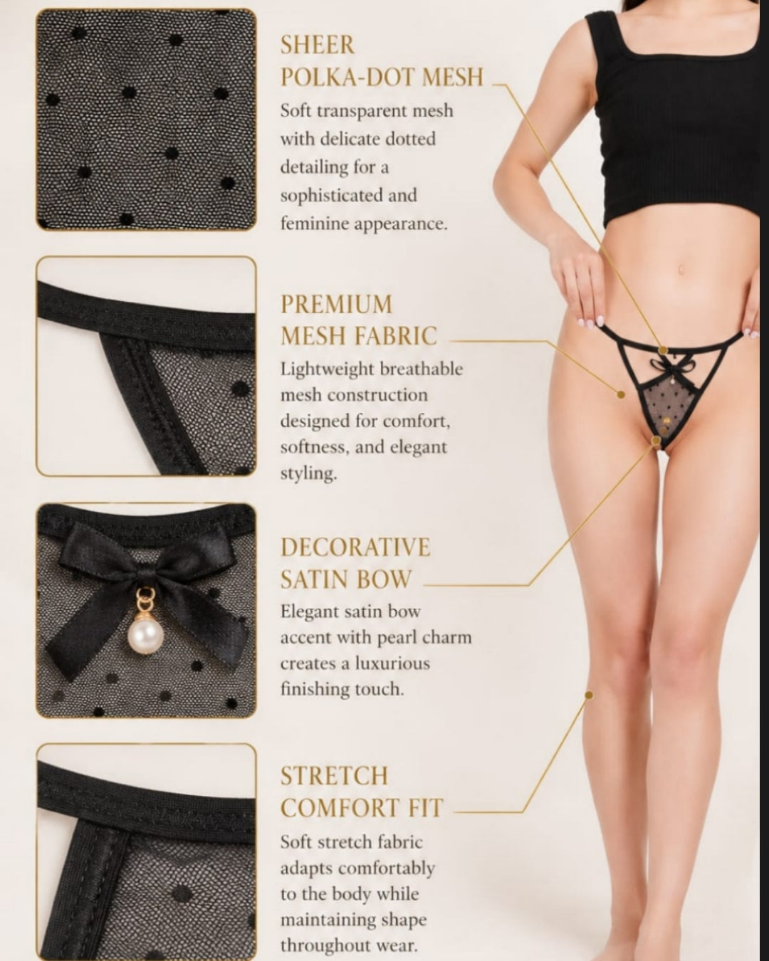 Women's Sheer Polka-Dot Mesh Thong Panty – Elegant Low-Rise G-String with Satin Bow and Pearl Accent, Black ( KSVRY)