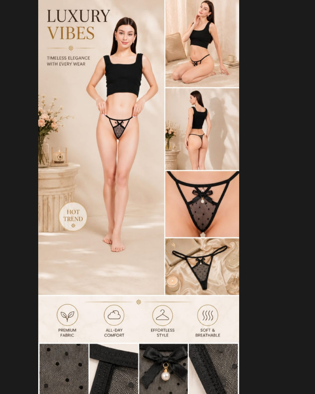 Women's Sheer Polka-Dot Mesh Thong Panty – Elegant Low-Rise G-String with Satin Bow and Pearl Accent, Black ( KSVRY)