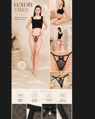 Women's Sheer Polka-Dot Mesh Thong Panty – Elegant Low-Rise G-String with Satin Bow and Pearl Accent, Black ( KSVRY)