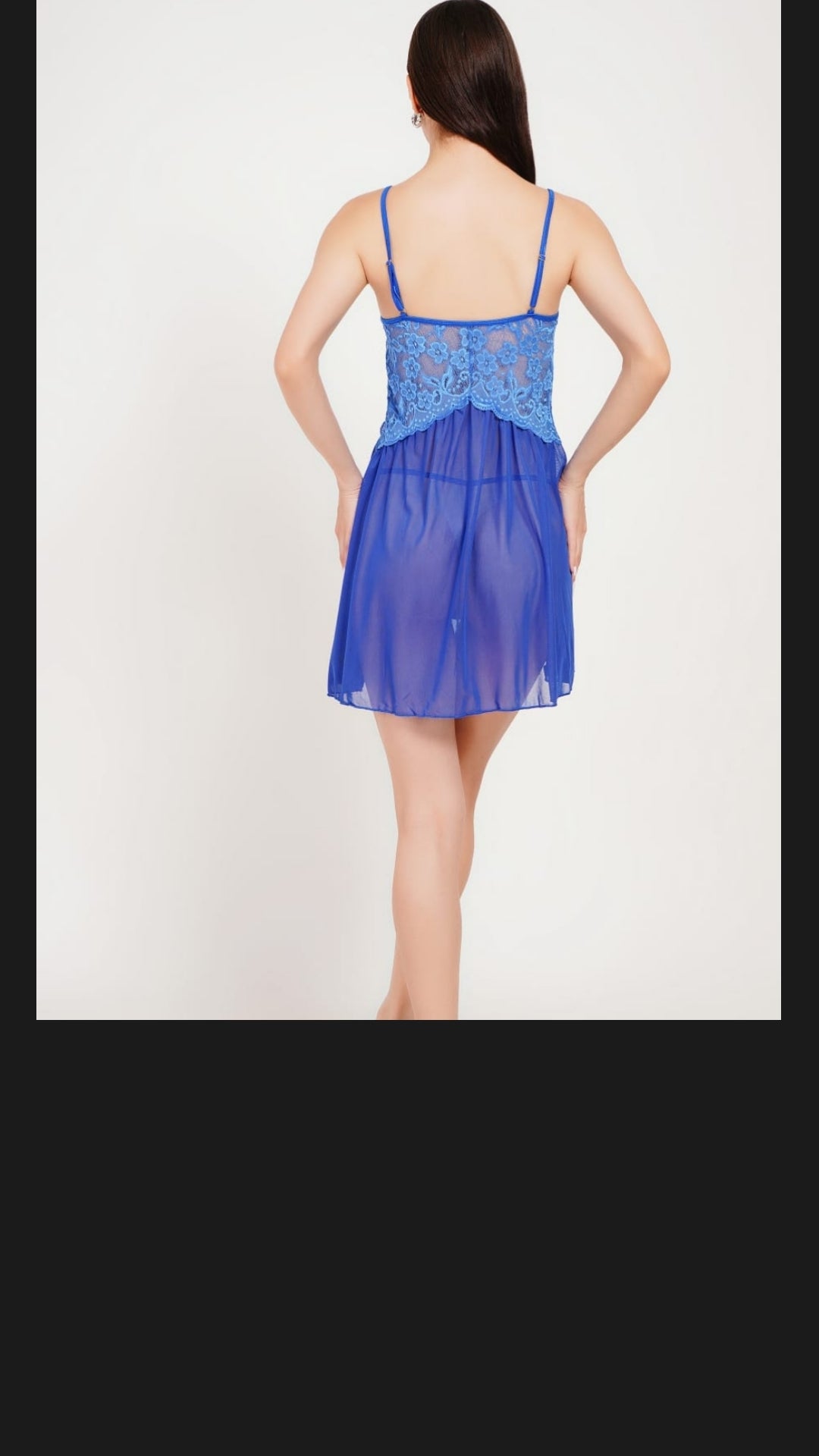 Women's Luxury Royal Blue Lace Babydoll Nightwear Set – 100% Polyester Net Sheer Sleepwear Dress with High Slit and Matching Thong (ksvry)