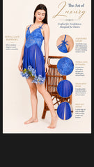 Women's Luxury Royal Blue Lace Babydoll Nightwear Set – 100% Polyester Net Sheer Sleepwear Dress with High Slit and Matching Thong (ksvry)
