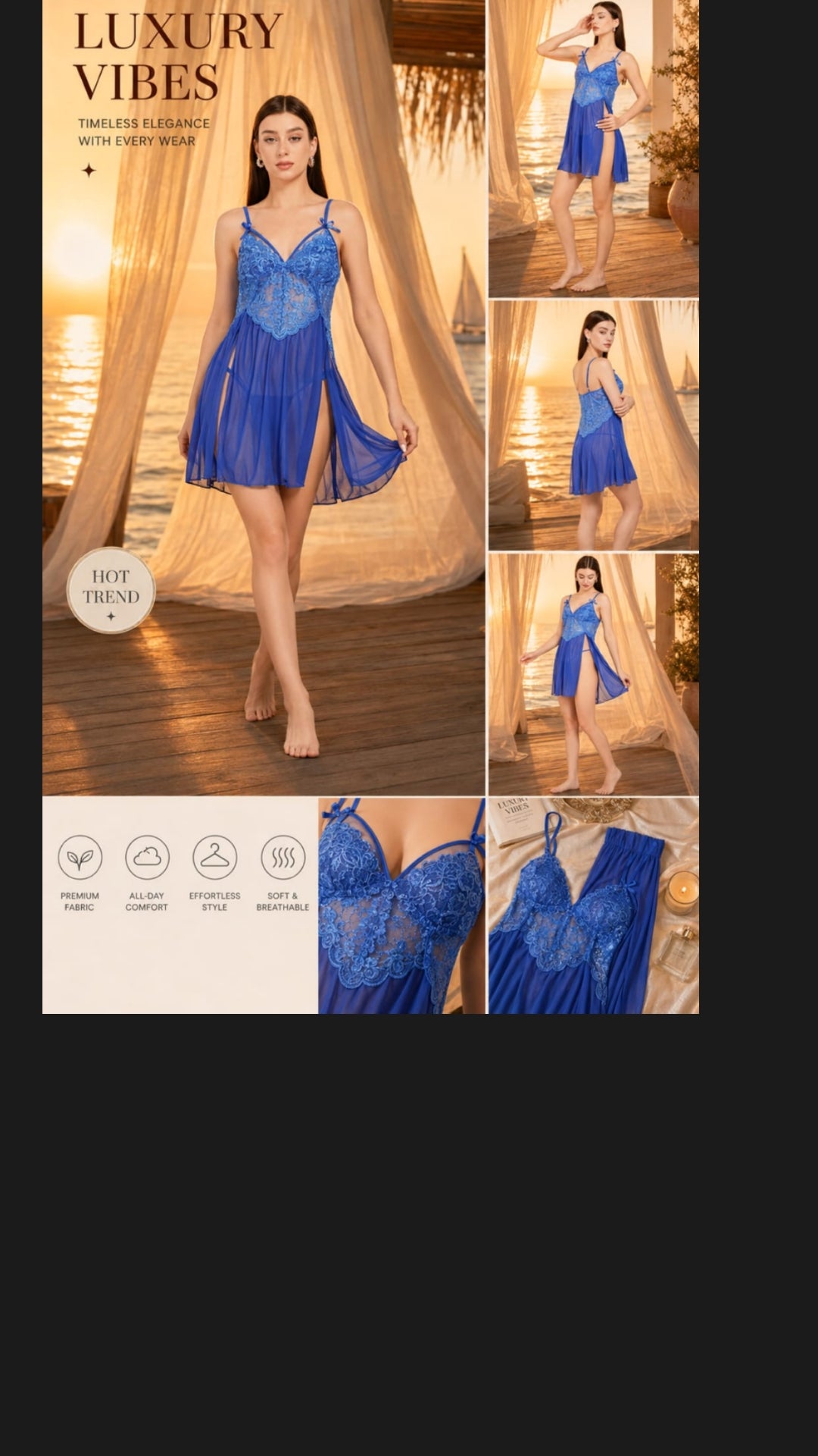 Women's Luxury Royal Blue Lace Babydoll Nightwear Set – 100% Polyester Net Sheer Sleepwear Dress with High Slit and Matching Thong (ksvry)
