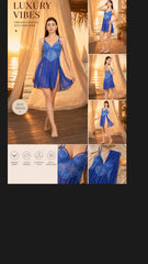 Women's Luxury Royal Blue Lace Babydoll Nightwear Set – 100% Polyester Net Sheer Sleepwear Dress with High Slit and Matching Thong (ksvry)