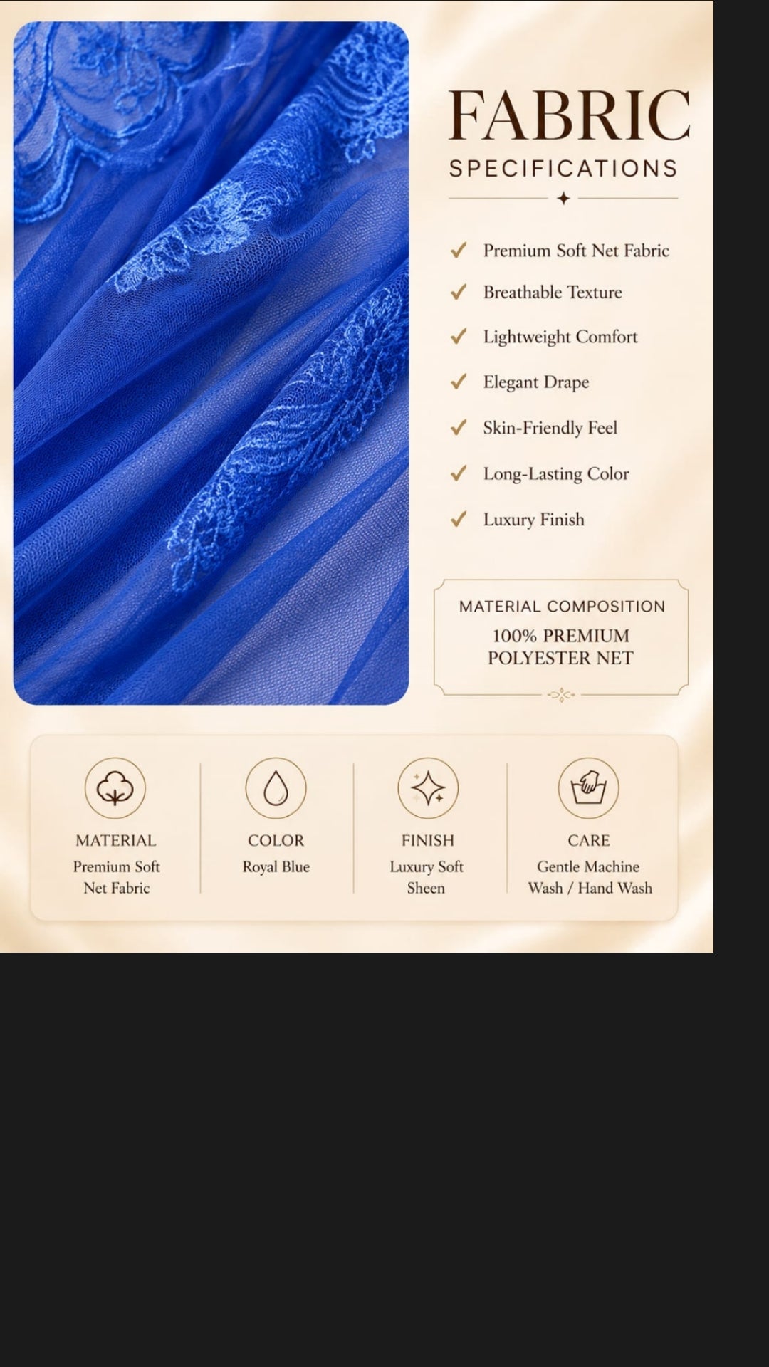 Women's Luxury Royal Blue Lace Babydoll Nightwear Set – 100% Polyester Net Sheer Sleepwear Dress with High Slit and Matching Thong (ksvry)