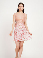 Women's Premium Blush Pink Floral Print Babydoll Nighty – Satin Deep V-Neck Lace Nightdress with Matching Thong (KSVRY)