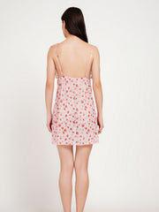 Women's Premium Blush Pink Floral Print Babydoll Nighty – Satin Deep V-Neck Lace Nightdress with Matching Thong (KSVRY)