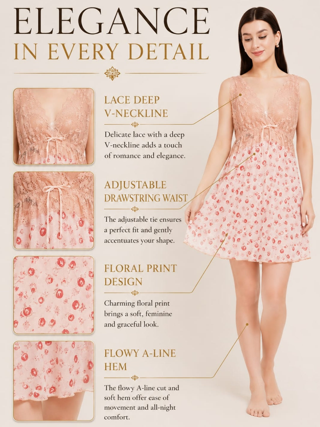 Women's Premium Blush Pink Floral Print Babydoll Nighty – Satin Deep V-Neck Lace Nightdress with Matching Thong (KSVRY)