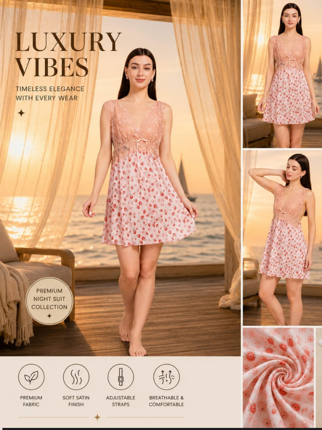Women's Premium Blush Pink Floral Print Babydoll Nighty – Satin Deep V-Neck Lace Nightdress with Matching Thong (KSVRY)