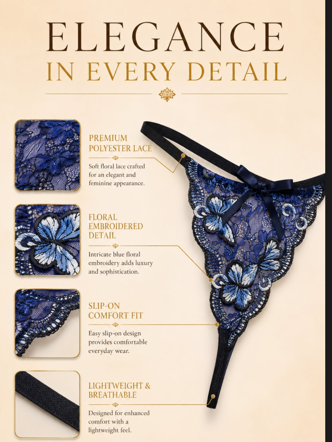 Women's Embroidered Butterfly Lace Thong Panty – Premium Soft Slip-On Lingerie, Blue ( KSVRY)