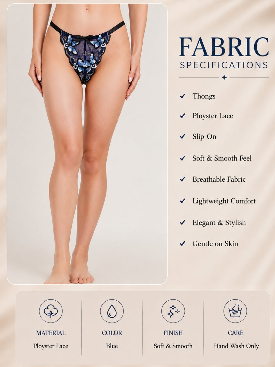 Women's Embroidered Butterfly Lace Thong Panty – Premium Soft Slip-On Lingerie, Blue ( KSVRY)