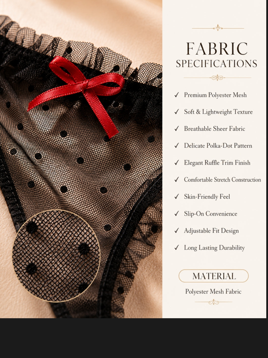 Women's Ruffled Polka-Dot Mesh Thong – Premium Lightweight Low-Rise G-String Lingerie with Satin Bow Accent, Black & Red ( KSVRY)