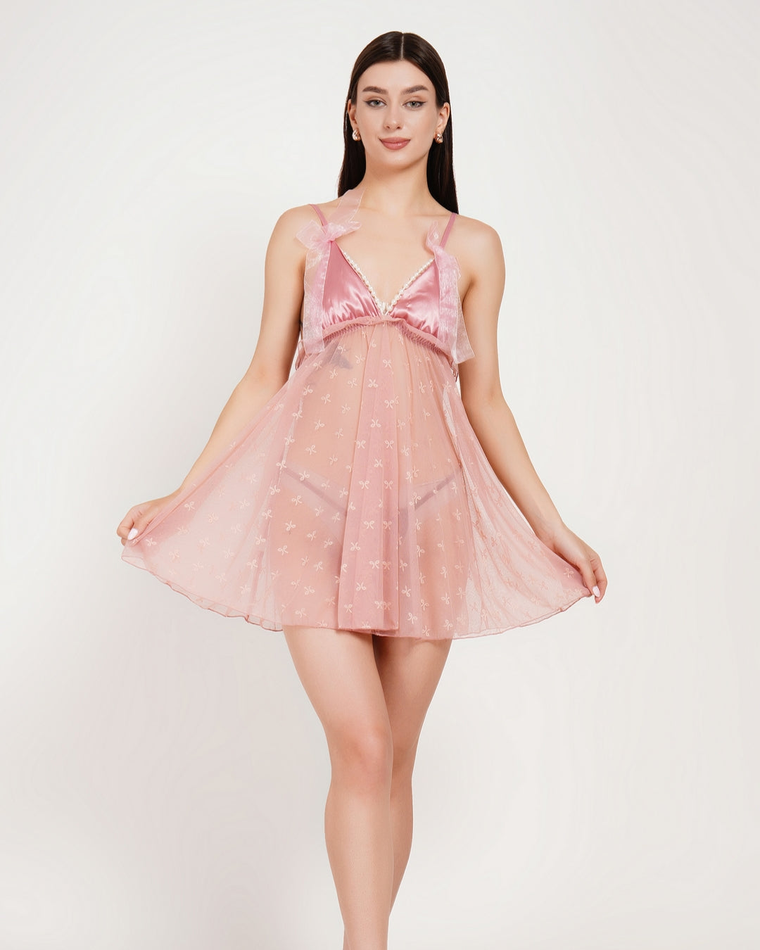 Women's Luxury Pink Lace & Sheer Tulle Babydoll Nightdress Set – Soft Satin Finish Flowy Sleepwear Dress with Embroidered Bows ( KSVRY)