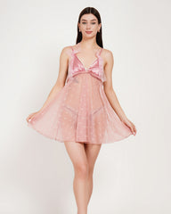 Women's Luxury Pink Lace & Sheer Tulle Babydoll Nightdress Set – Soft Satin Finish Flowy Sleepwear Dress with Embroidered Bows ( KSVRY)