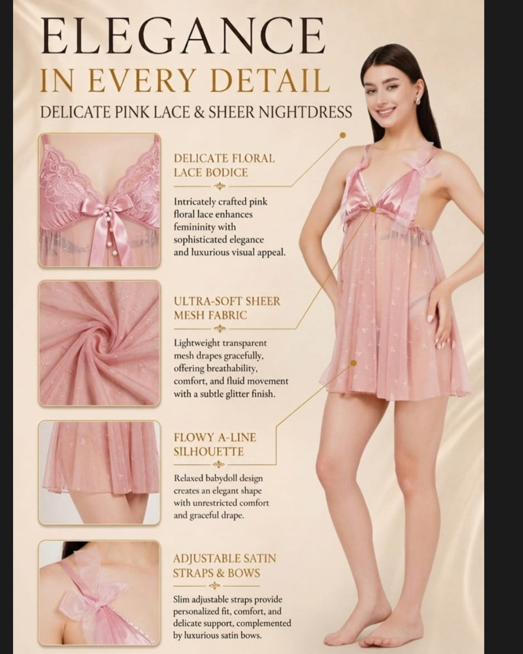 Women's Luxury Pink Lace & Sheer Tulle Babydoll Nightdress Set – Soft Satin Finish Flowy Sleepwear Dress with Embroidered Bows ( KSVRY)