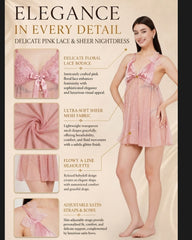 Women's Luxury Pink Lace & Sheer Tulle Babydoll Nightdress Set – Soft Satin Finish Flowy Sleepwear Dress with Embroidered Bows ( KSVRY)