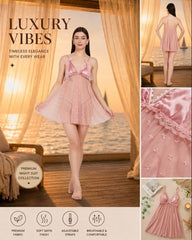 Women's Luxury Pink Lace & Sheer Tulle Babydoll Nightdress Set – Soft Satin Finish Flowy Sleepwear Dress with Embroidered Bows ( KSVRY)