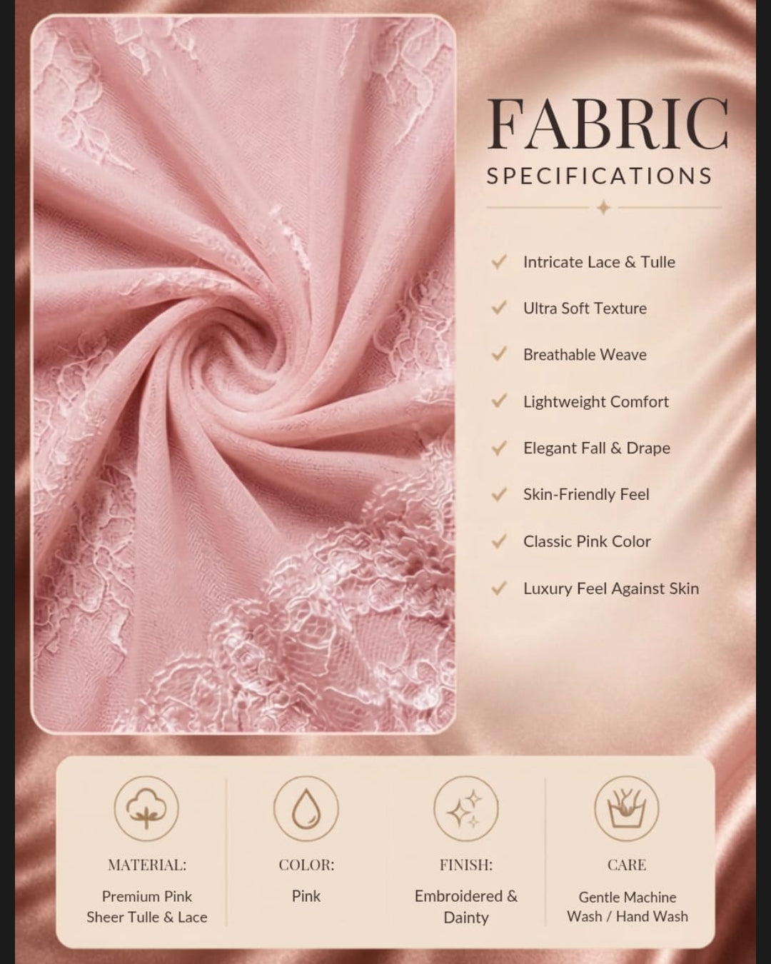 Women's Luxury Pink Lace & Sheer Tulle Babydoll Nightdress Set – Soft Satin Finish Flowy Sleepwear Dress with Embroidered Bows ( KSVRY)