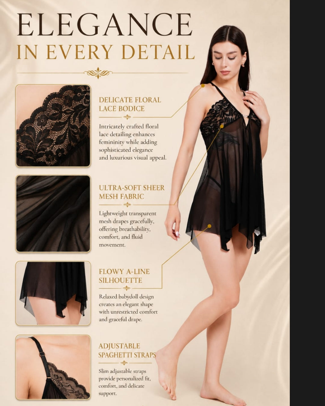 Women's Premium Black Lace Babydoll Nightdress ( KSVRY)