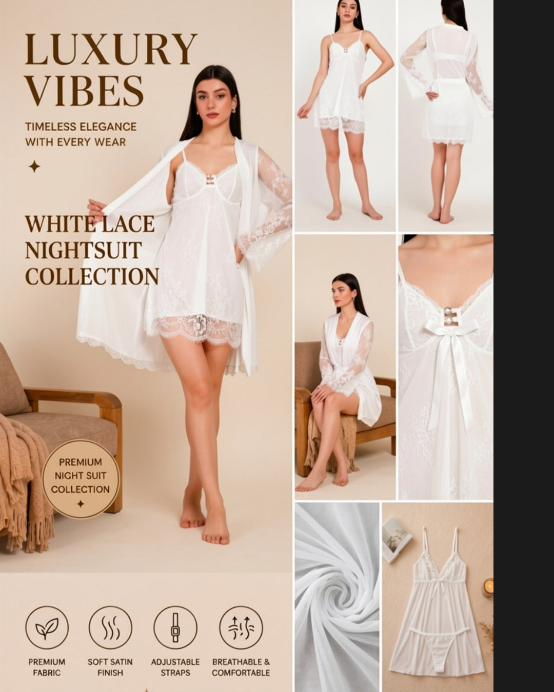 Luxury Satin Nightdress with Sheer Bell-Sleeve Robe ( KSVRY)