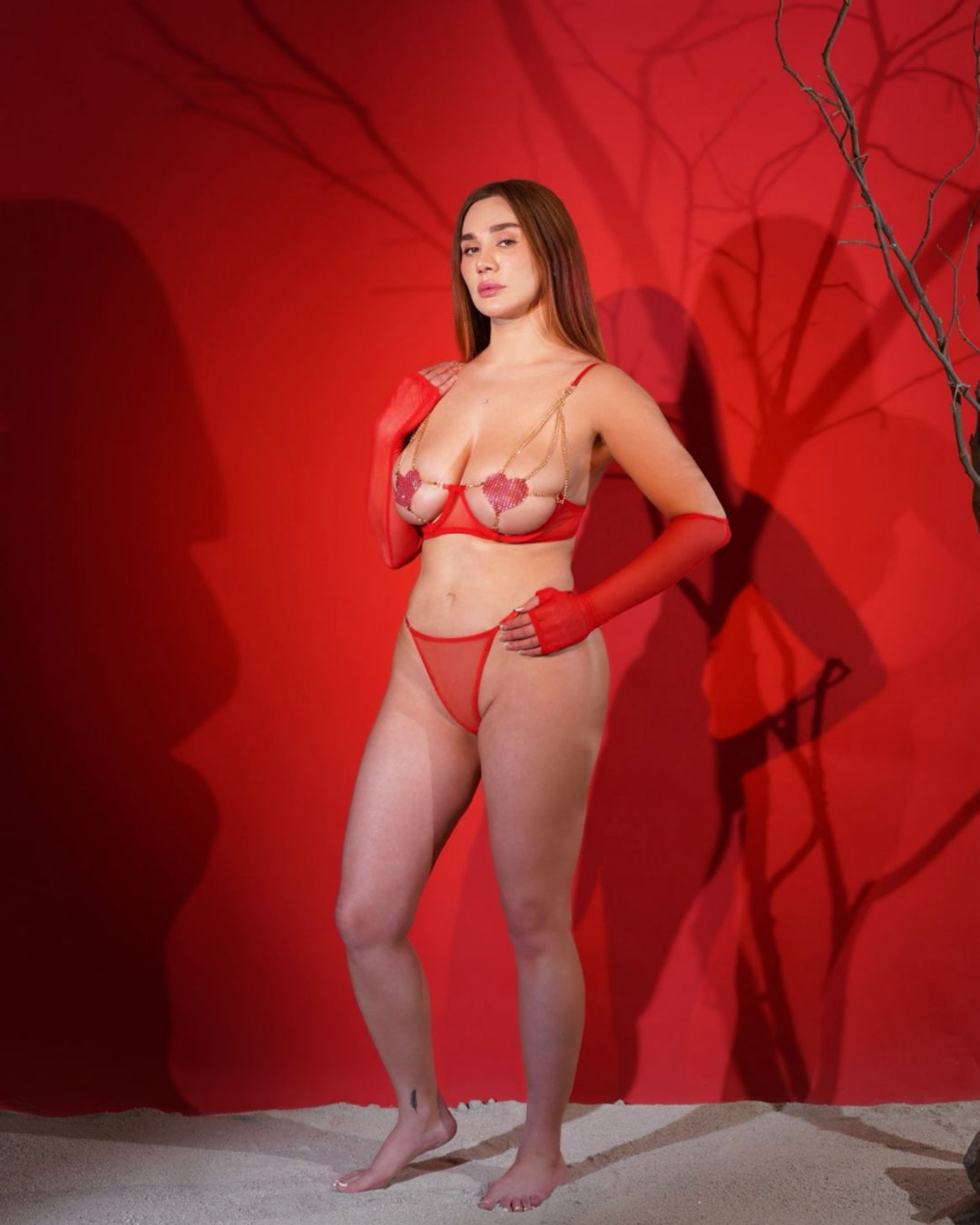Luxury Women's Red Mesh Heart Chain Lingerie Set – 4 Piece Intimate Set ( KSVRY)