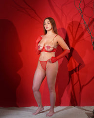 Luxury Women's Red Mesh Heart Chain Lingerie Set – 4 Piece Intimate Set ( KSVRY)