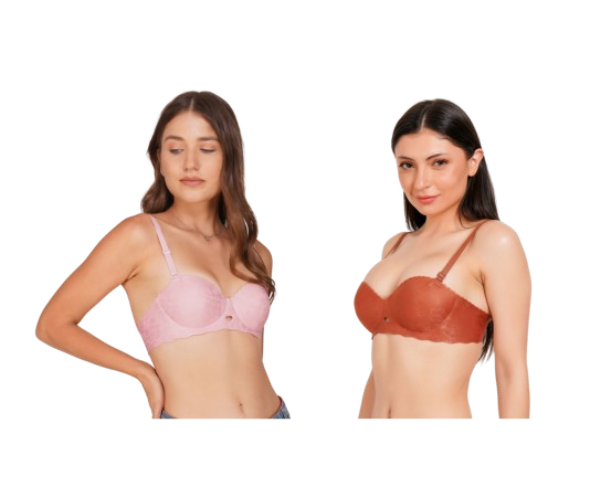 Ksvry Combo Pack of Two Women's Plain With Lace Bra Pink & Brown Color