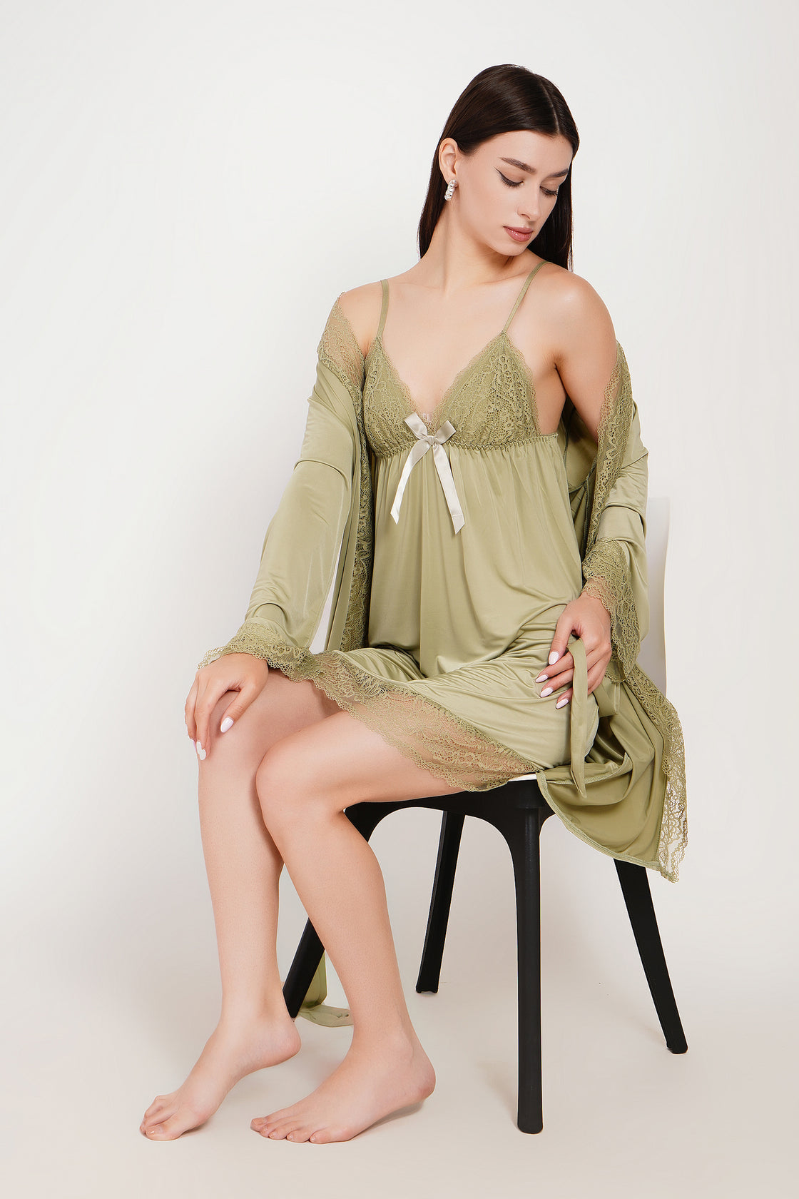 Premium Noir Elegance Lace Babydoll & Robe Set