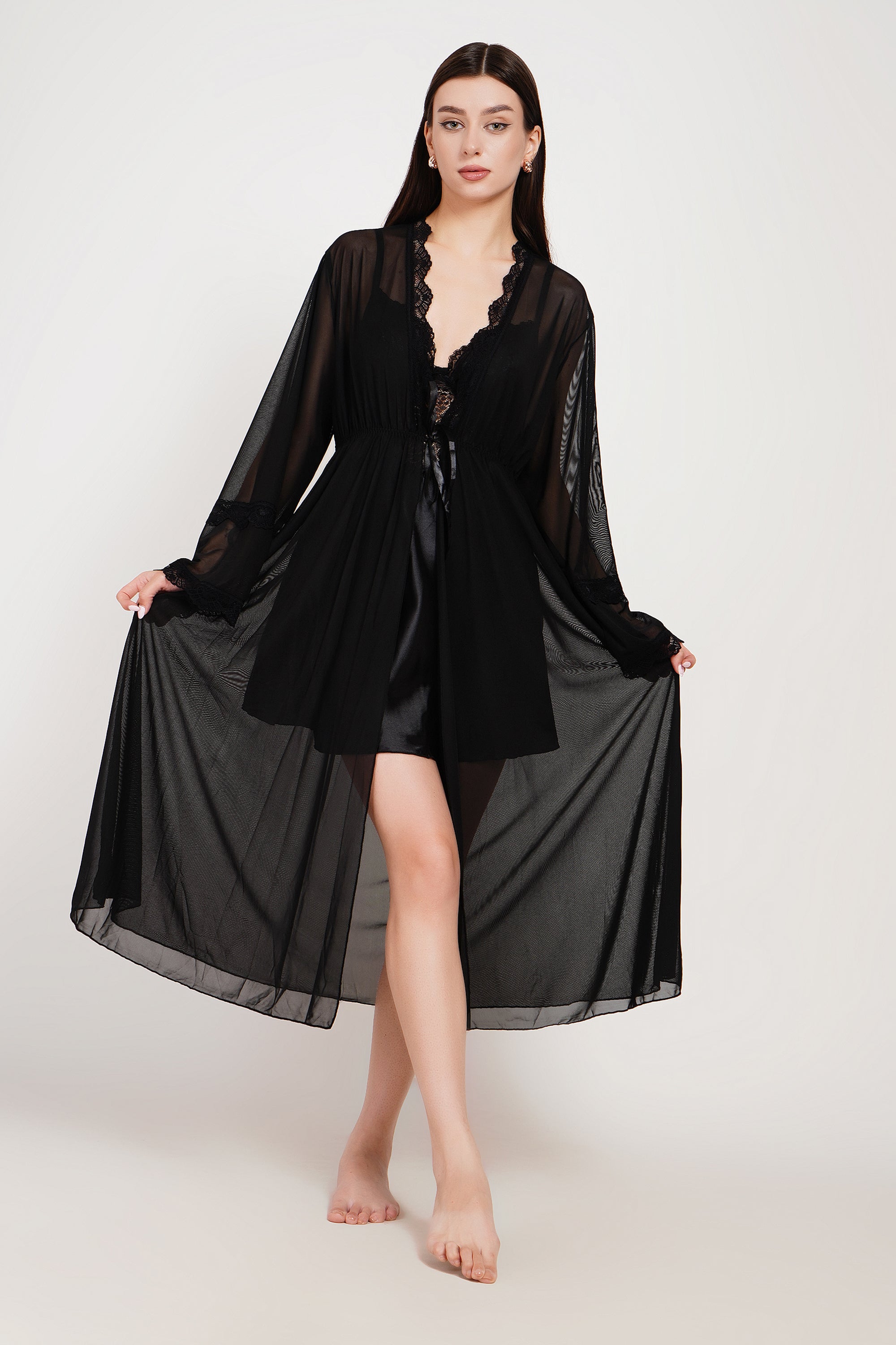 Ksvry Scarlet Satin Lace Nightdress Set with Sheer Robe
