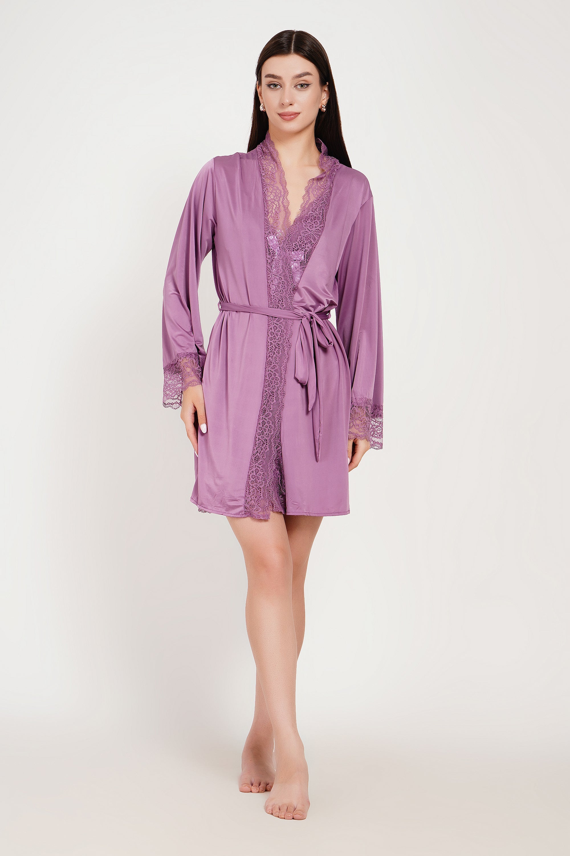 Premium Noir Elegance Lace Babydoll & Robe Set